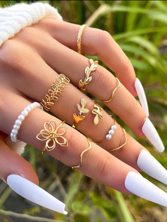 Jewelry - Bohemian Yellow Gold  Floral Pearl Ring stack Set viral 🍁 leaf Jewelry 10pc lot